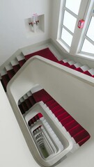 High Angle View of Spiral Staircase with Red Carpet in Contemporary Building