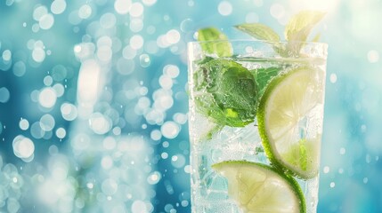 A mojito cocktail with fresh mint leaves and lime slices, served in a tall glass with condensation, evoking a refreshing summer vibe