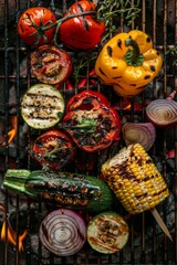 Fototapeta premium Grilled Vegetables: A colorful assortment of vegetables, including bell peppers, zucchini, and corn, arranged on a grill.