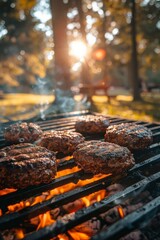 Grill with Juicy Burgers: A close-up shot of an outdoor grill loaded with juicy burgers sizzling over the flames.