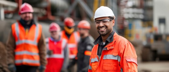 A project manager smiling, guiding the team across the bustling construction site with confidence and camaraderie