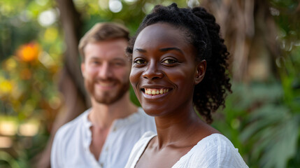 Fototapeta premium Couple is smiling outdoors, enjoying the summer day