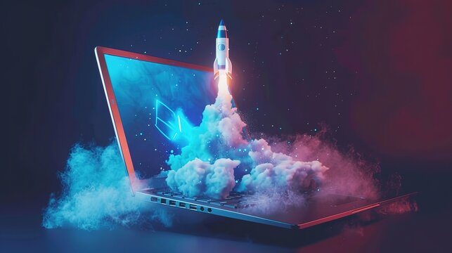 A laptop displaying a rocket about to launch into space. The rocket appears ready for takeoff, symbolizing innovation and technology
