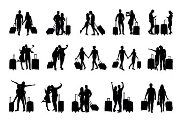 Couple travellers with luggage various poses black silhouette set.	