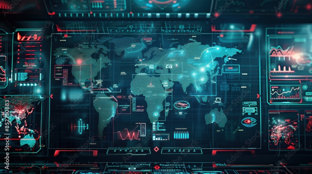 Poster a computer monitor displays a map of the world with various icons and numbers. concept of technologi