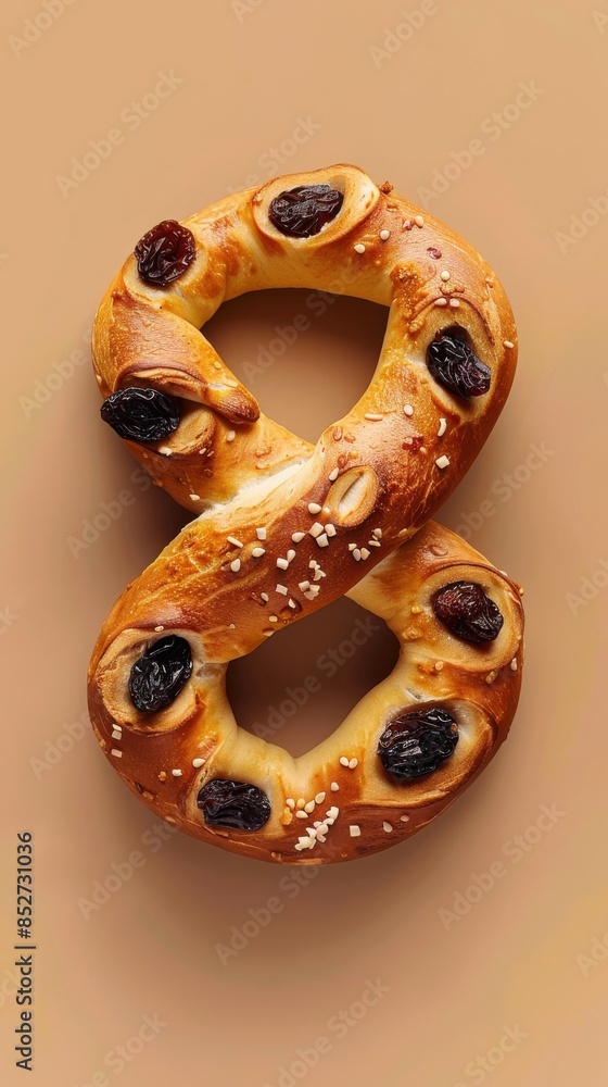 Poster a cinnamon roll with raisins on top. the dough is twisted into a figure eight shape