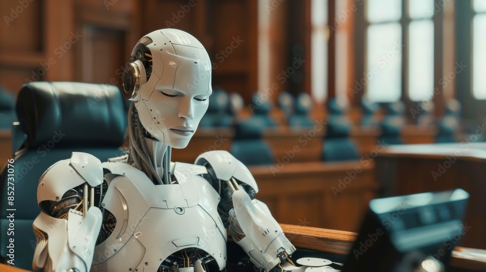 Fototapete A robot is sitting at a desk in front of a computer. The robot is wearing a suit and he is working. The room is filled with chairs and a large table. The robot seems to be focused on its work