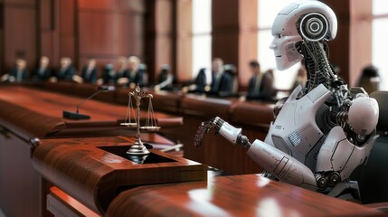 A robot is sitting at a desk in a courtroom. The robot is wearing a suit and he is a judge. The people in the room are watching the robot judge a case