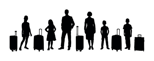 Family standing with suitcase waiting in airport silhouettes set. Parents and children with luggage posing together looking at camera black silhouette.