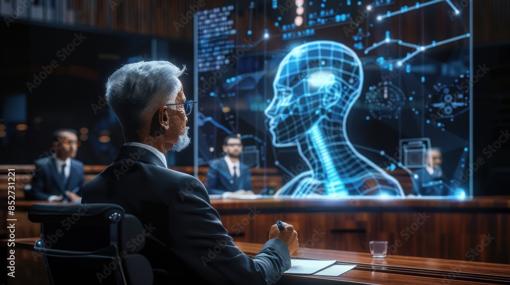 Poster a man in a suit is sitting at a desk in front of a computer monitor displaying a 3d image of a human