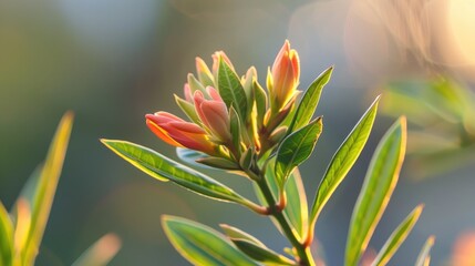 Obraz premium Blooming Nerium Oleander buds captured in close up during a bright spring day Vibrant buds on a flourishing plant poised to blossom