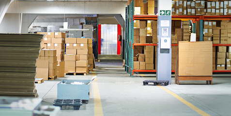 Shelves, warehouse and box for shipping, delivery and order in supply chain, logistics and...