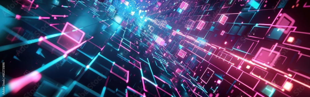 Poster a colorful image of a cityscape with neon lights and squares. scene is energetic and futuristic