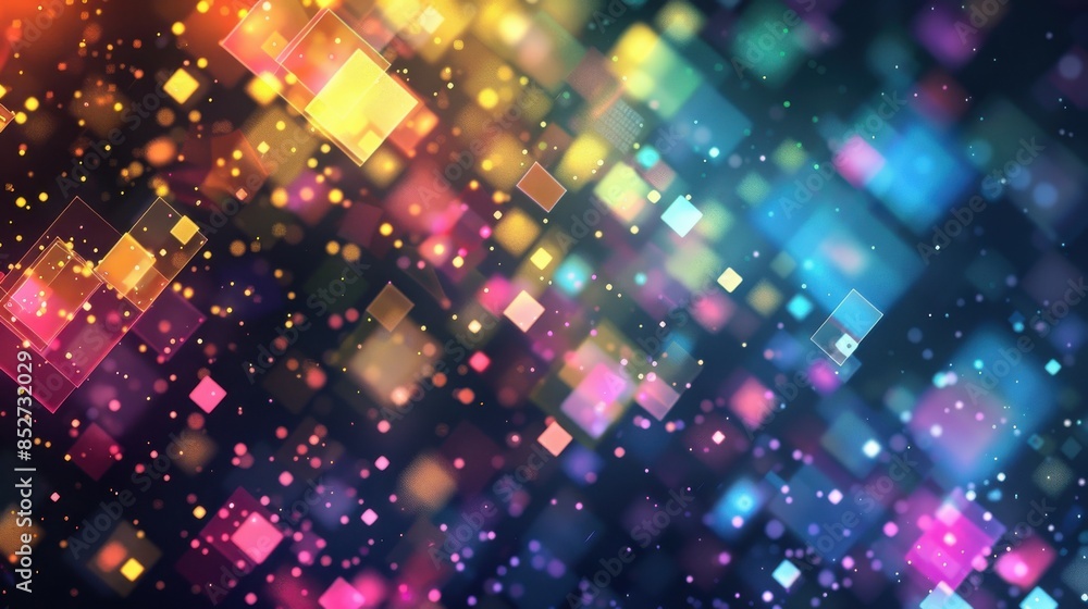 Poster A colorful background with many squares of different colors. The squares are arranged in a way that creates a sense of movement and energy. Scene is vibrant and lively