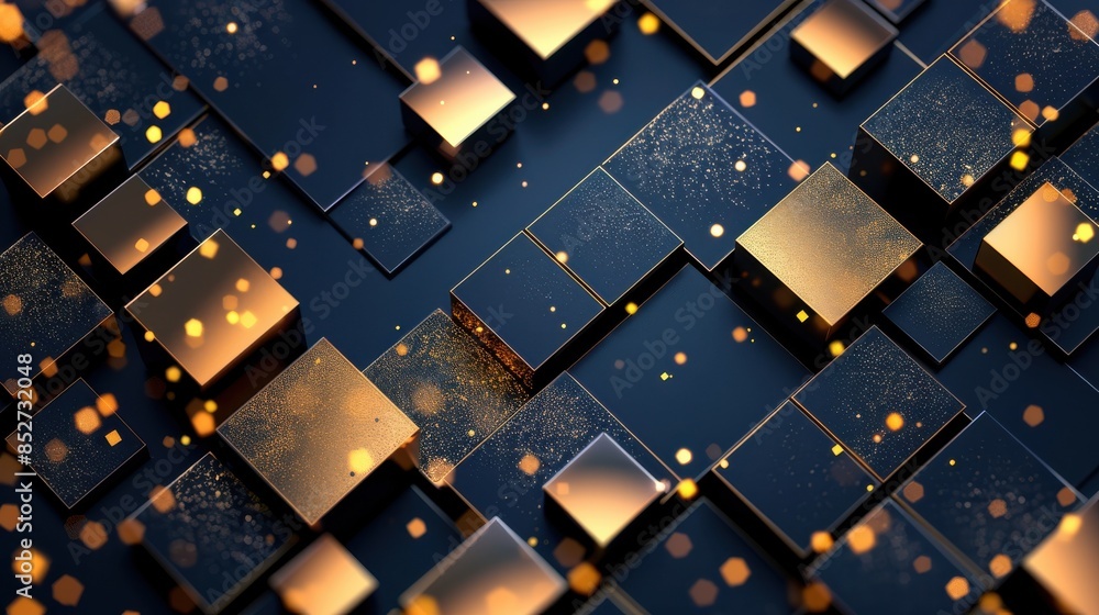Poster a black and gold background with a lot of small squares. the squares are arranged in a way that they