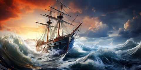 A scenic seascape with sailboat navigating rough seas, symbolizing seafarers' bravery.