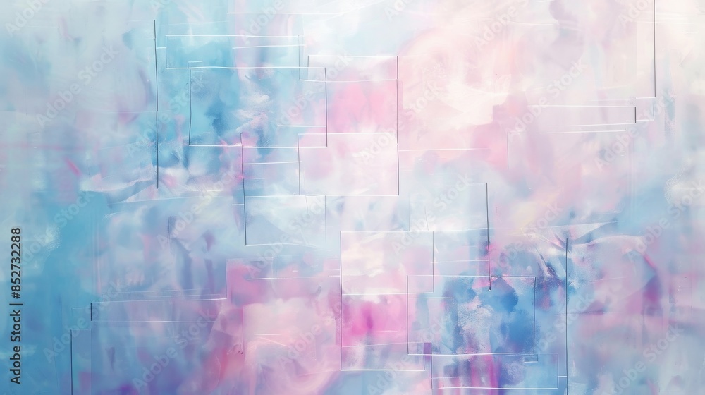 Poster a painting of a blue sky with pink and white clouds. the sky is filled with a variety of shapes and 