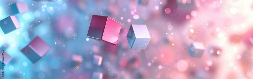 Aufkleber A colorful image of pink and blue cubes floating in the air. The image has a playful and whimsical mood, as if the cubes are dancing or floating around in a dreamlike state