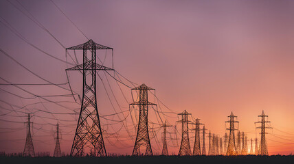 Electric towers lined up against a sunset
