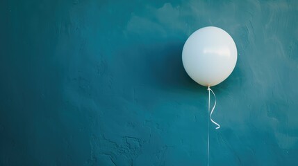 A spherical balloon in white color floating with helium attached to a ribbon captured in a photo with space for text