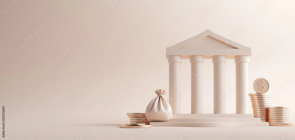 Poster this 3d icon illustrates a bank building with an arrow pointing up, accompanied by a money bag and c