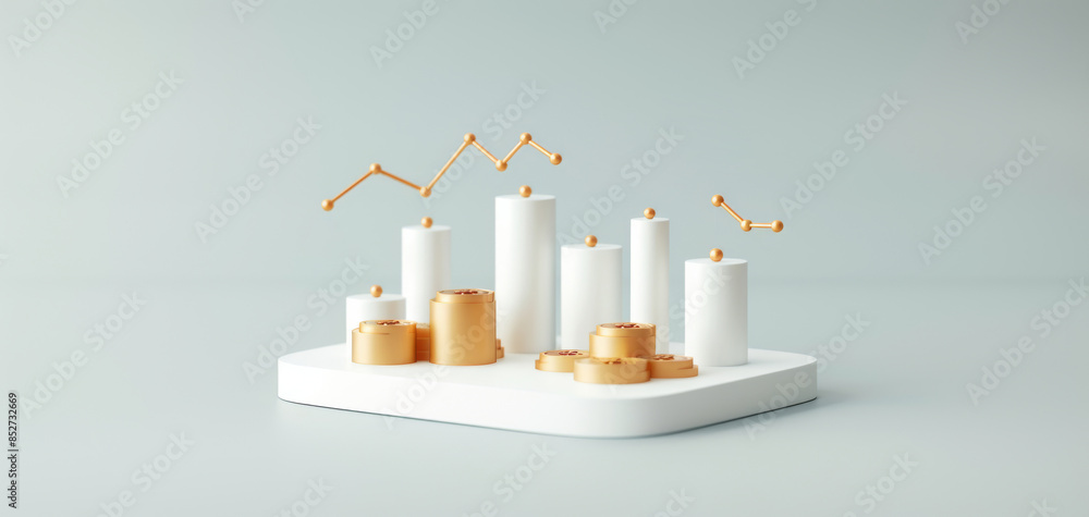 Leinwandbilder A blue background sets the stage for this 3D icon of a gold coin and candlestick chart, designed in a cartoon style with a minimalistic approach and an isometric view.
