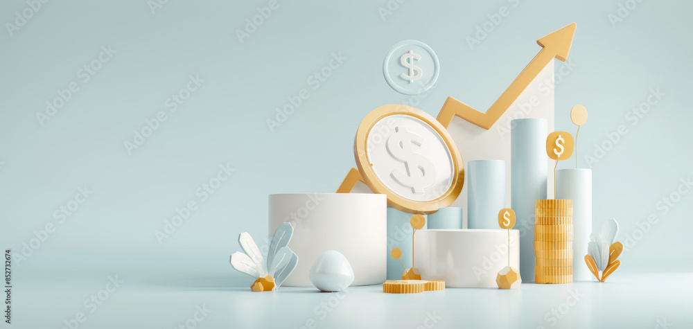 Leinwandbilder This 3D render features a gold coin with a dollar sign and a candlestick chart on a blue background, designed in a minimalistic style with a straightforward and simple approach.