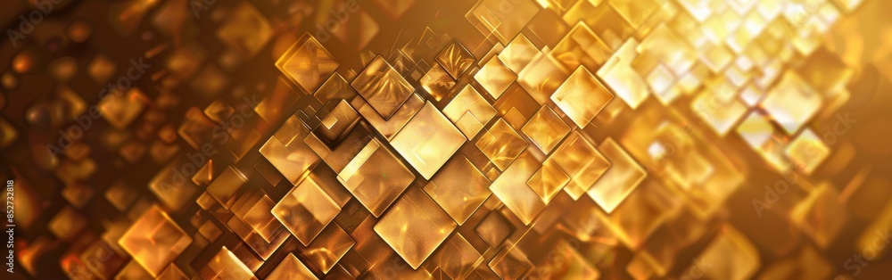 Poster A gold background with squares of different sizes. The squares are arranged in a way that creates a sense of depth and movement. Scene is warm and inviting