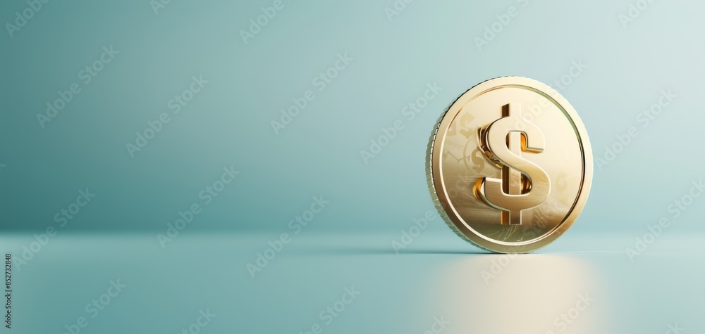 Poster A photorealistic of a gold coin with a dollar sign, accompanied by a candlestick chart, isolated on a blue background, designed in a minimalistic style with silver tones.