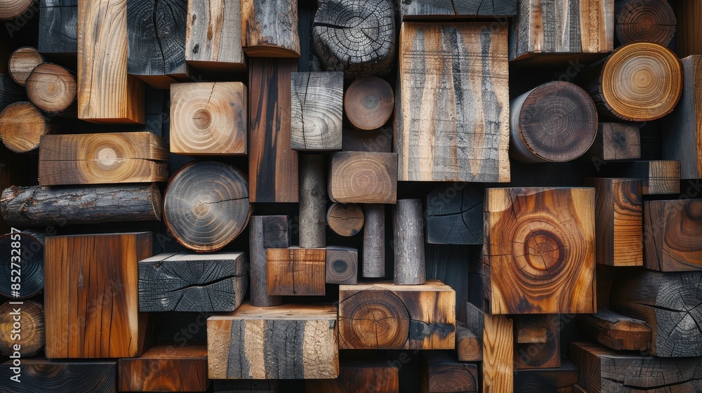 Poster The image is a collage of wood pieces, with some of them being cut in half. The wood pieces are arranged in a way that creates a sense of depth and texture. Scene is rustic and natural
