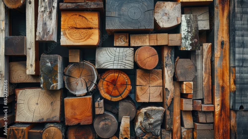 Poster a wall made of wood pieces with a rustic and natural feel. the wood pieces are of different sizes an