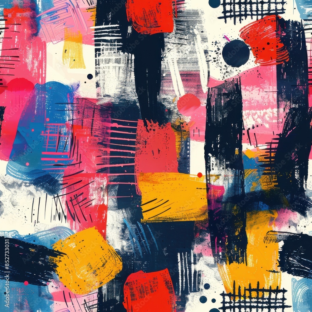 Aufkleber This image features an abstract pattern designed with various colorful paint strokes on a white background. The pattern includes various shades of pink, red, yellow, blue, black, and white. The stroke