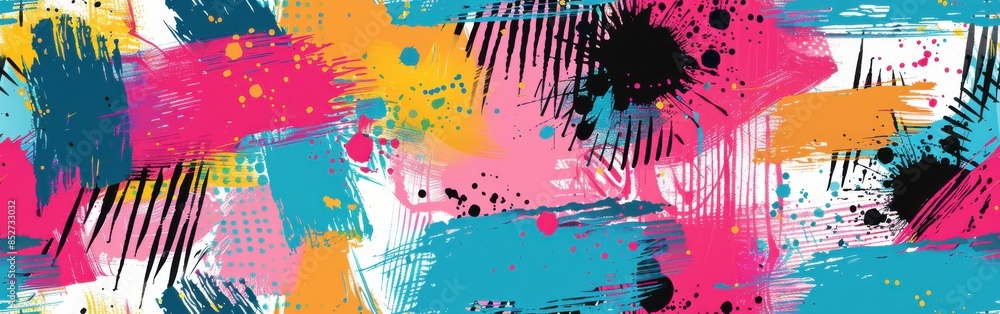 Aufkleber This image features a seamless pattern of abstract colorful paint splashes and strokes. The pattern features a variety of colors, including pink, blue, yellow, and black, and is created with a variety