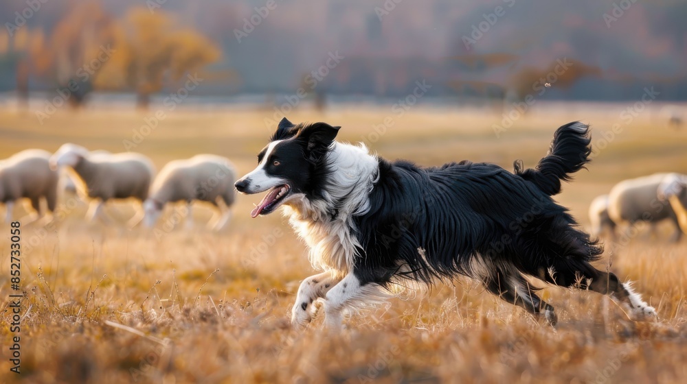 Poster a black and white dog runs through a field of sheep. the scene is peaceful and serene, with the dog 