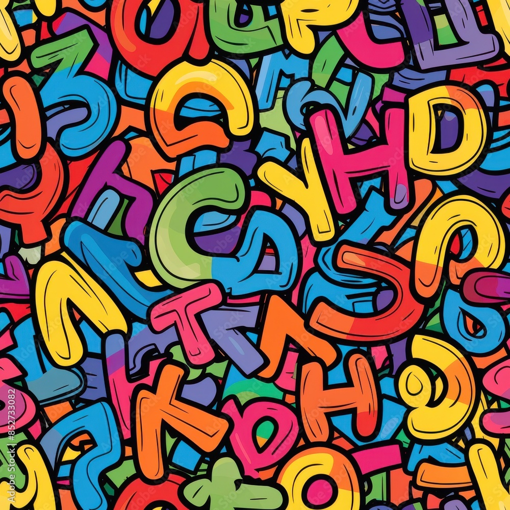 Aufkleber A colorful digital art illustration of a seamless pattern made of alphabet letters. The letters are in a variety of bright colors and are arranged in a random, overlapping pattern. The background is b