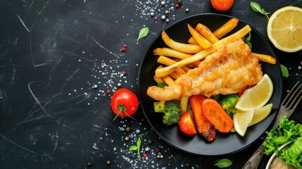 Kid s meal with fried fish chips and vegetables Colorful dinner presentation on a black chalkboard backdrop Overhead shot of plate with space for text