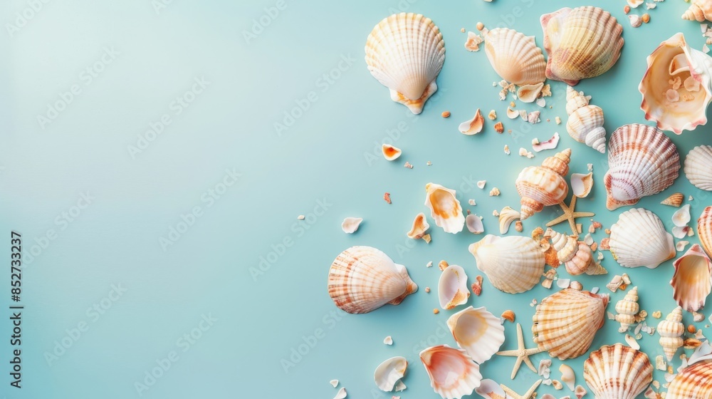 Poster A close-up photo of a light blue background with seashells scattered across the surface. There are various sizes and types of shells, with some broken into pieces. The image is taken from a high angle