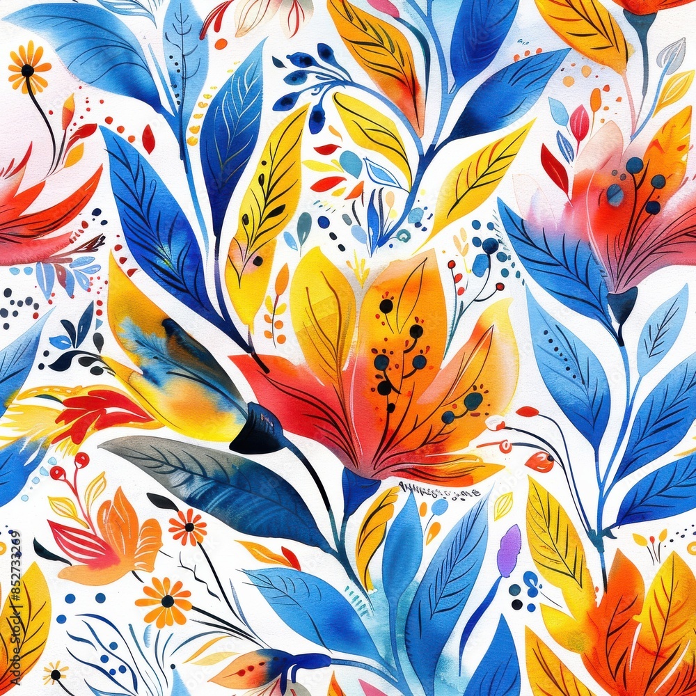 Poster this image showcases a vibrant watercolor floral pattern. the pattern features large, stylized flowe