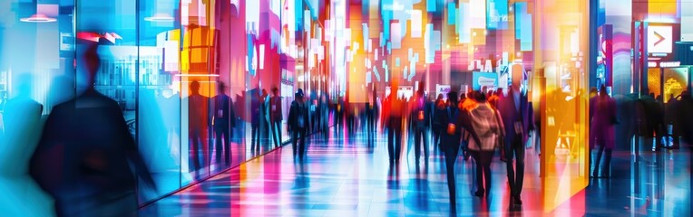 A busy city street with people walking and a neon sign in the background. The image has a vibrant and lively atmosphere, with the neon sign adding to the energy of the scene