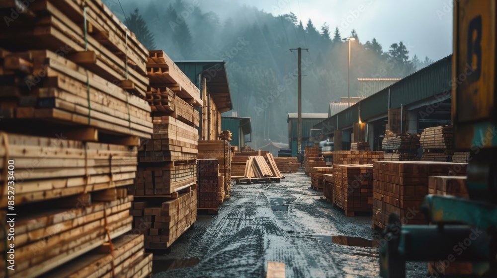Poster a large pile of wood is stacked in a warehouse. the wood is in various sizes and shapes, and it is f