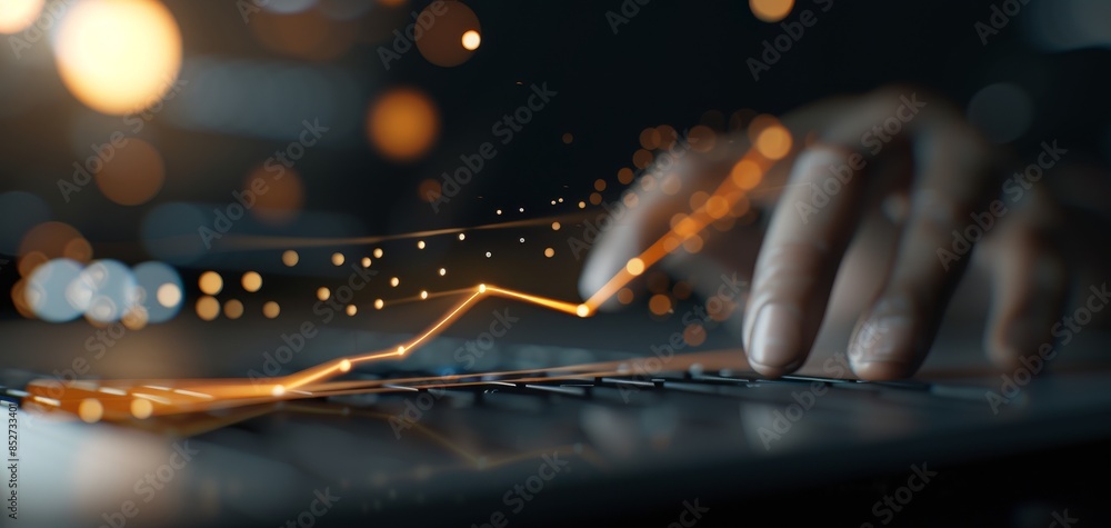 Poster a businessman points to a virtual graph with a rising arrow while using a laptop, captured in the st