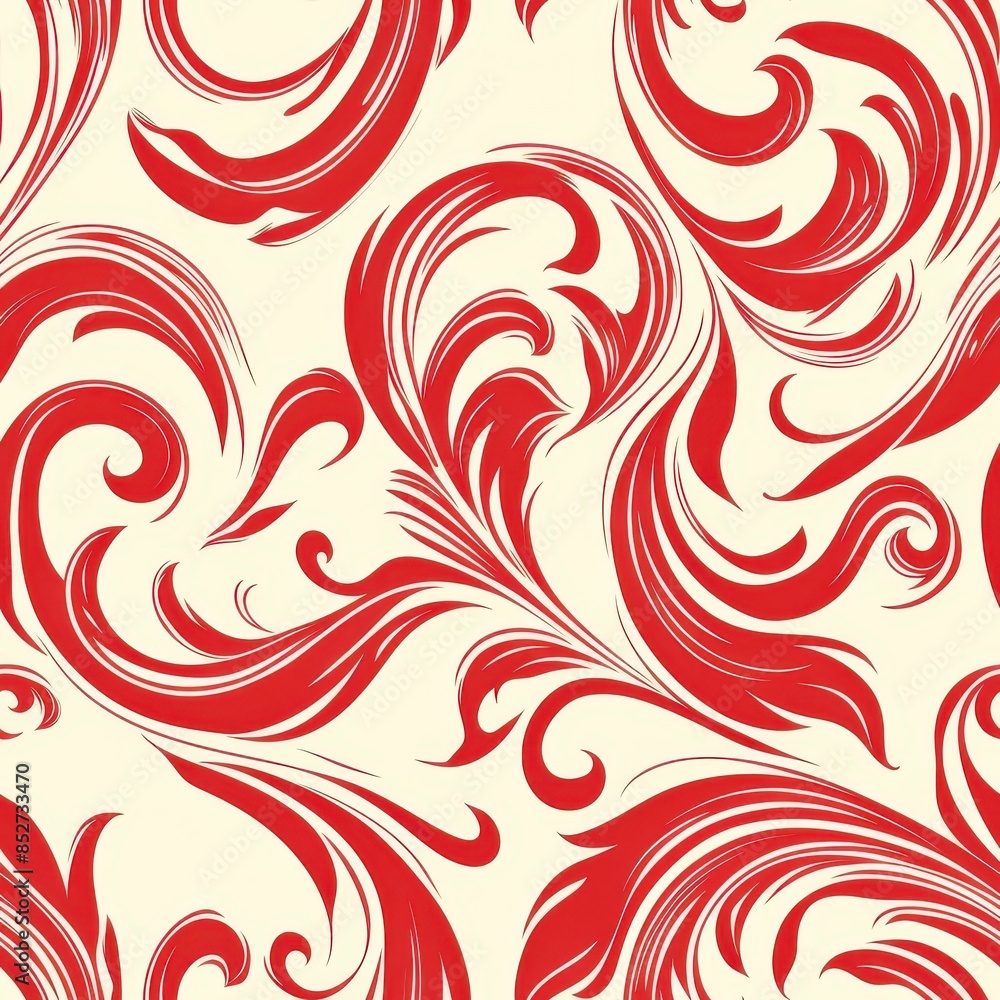 Poster This image features a seamless repeat pattern of stylized floral designs in red on a white background. The swirls and curves create a sense of movement and fluidity. The intricate details of the patte