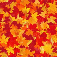 Obraz premium A seamless pattern of colorful autumn leaves in shades of red, orange, and yellow. The leaves are arranged in a random pattern, creating a beautiful and vibrant backdrop. This image is perfect for use