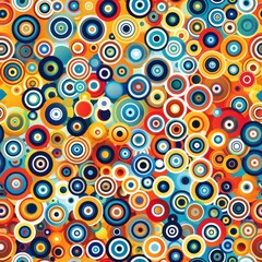 This image features a vibrant and colorful abstract pattern design. The background is a yellow-orange hue, and the design is made up of concentric circles in various colors including red, blue, yellow