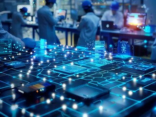High-tech manufacturing facility with futuristic interface and engineers working on advanced electronics in a modern factory setting.