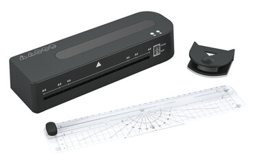 Laminator with rotary paper trimmer and corner rounder punch. 3D rendering