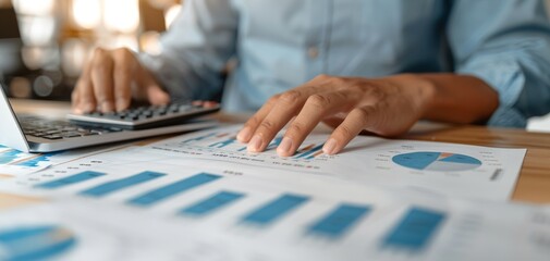 A businessman works with a financial graph and business plan, using a calculator to illustrate frantic financial concepts, focusing on intense and dynamic financial training.