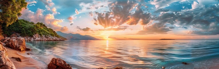 Obraz premium A serene sunset illuminates the sky over a calm body of water, creating a beautiful and peaceful scene. Lush, green hills rise up in the background, adding a sense of depth and tranquility.