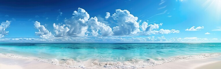 A beautiful landscape photograph of a white sand beach with blue water and white clouds against a clear blue sky. The waves are gently rolling in, creating a relaxing and serene atmosphere.
