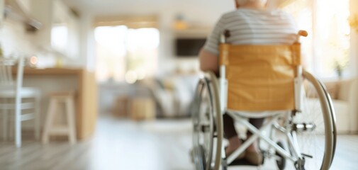 Obraz premium The back view of a woman in a wheelchair and her husband helping her at home is depicted, with him leaning over to carry something from the kitchen in their living room.